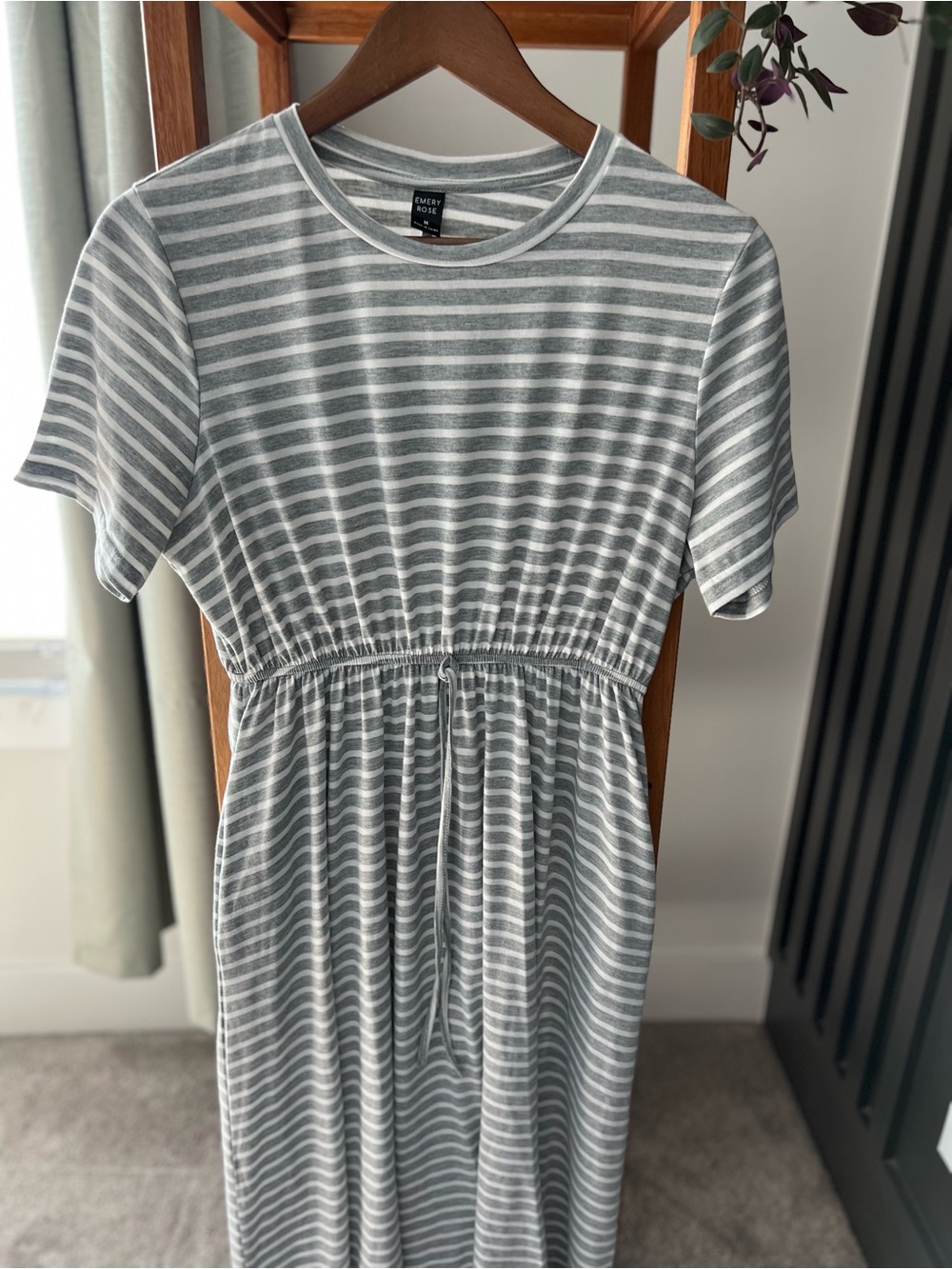 Striped Gray & White Maxi Dress with Elastic Waist